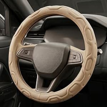 Auto Family Premium Leather Steering Wheel Cover 15 inches(37-38cm) &ndash; Universal Fit Anti-Slip Grip, Breathable Soft PU Leather, Heat Resistant, Easy Install, Car Interior Accessories (Beige1)