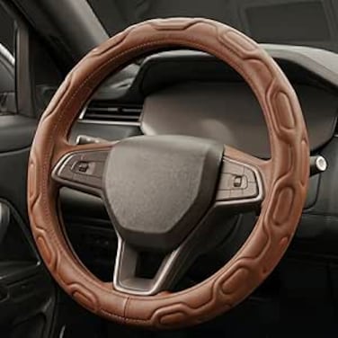 Auto Family Premium Leather Steering Wheel Cover 15 inches(37-38cm) &ndash; Universal Fit Anti-Slip Grip, Breathable Soft PU Leather, Heat Resistant, Easy Install, Car Interior Accessories (Brown1)