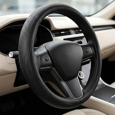 AUTO FAMILY Steering Wheel Cover PU Leather, 15 Inch(37-38cm), Anti-Slip Grip, Breathable Perforated Design, Padded Comfort, Heat Resistant, Car Steering Cover (Black-Classic Grip)