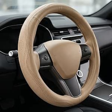 AUTO FAMILY Steering Wheel Cover PU Leather, 15 Inch(37-38cm), Anti-Slip Grip, Breathable Perforated Design, Padded Comfort, Heat Resistant, Car Steering Cover (Beige-Classic Grip)