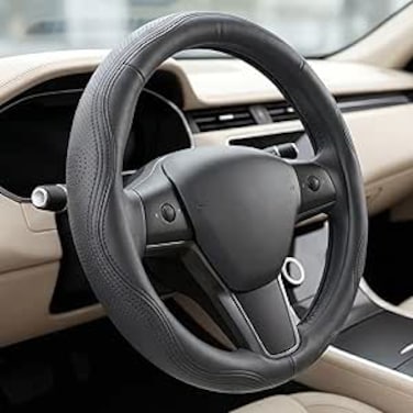 AUTO FAMILY Steering Wheel Cover PU Leather, 15 Inch(37-38cm), Anti-Slip Grip, Breathable Perforated Design, Padded Comfort, Heat Resistant, Car Steering Cover (Grey-Classic Grip)