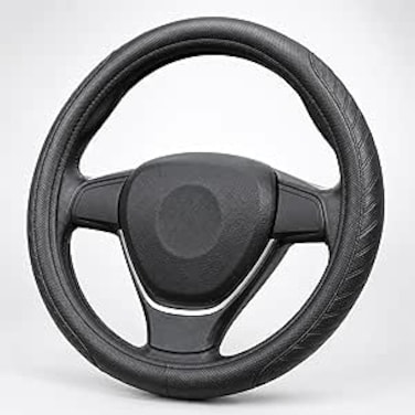 AUTO FAMILY Steering Wheel Cover PU Leather, 15 Inch(37-38cm), Anti-Slip Grip, Breathable Perforated Design, Padded Comfort, Heat Resistant, Car Steering Cover (Black-Ergonomic Grip)