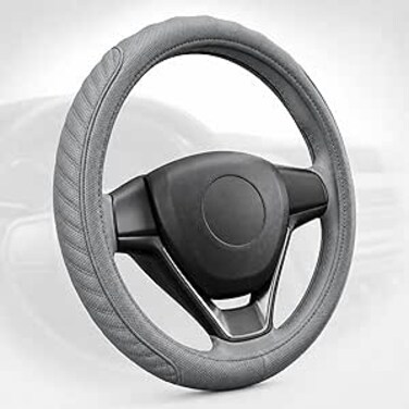 AUTO FAMILY Steering Wheel Cover PU Leather, 15 Inch(37-38cm), Anti-Slip Grip, Breathable Perforated Design, Padded Comfort, Heat Resistant, Car Steering Cover (Grey-Ergonomic Grip)