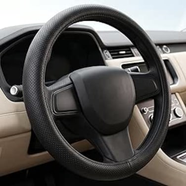 AUTO FAMILY Steering Wheel Cover PU Leather, 15 Inch(37-38cm), Anti-Slip Grip, Breathable Perforated Design, Padded Comfort, Heat Resistant, Car Steering Cover (Black-Sport Grip)