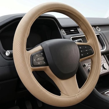 AUTO FAMILY Steering Wheel Cover PU Leather, 15 Inch(37-38cm), Anti-Slip Grip, Breathable Perforated Design, Padded Comfort, Heat Resistant, Car Steering Cover (Beige-Sport Grip)
