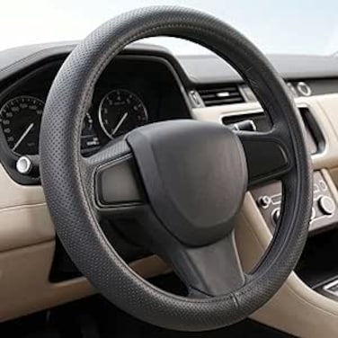 AUTO FAMILY Steering Wheel Cover PU Leather, 15 Inch(37-38cm), Anti-Slip Grip, Breathable Perforated Design, Padded Comfort, Heat Resistant, Car Steering Cover (Grey-Sport Grip)