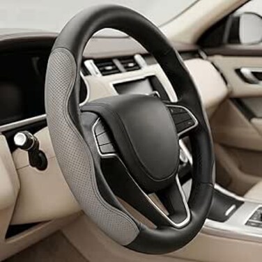 AUTO FAMILY Auto Family Sport Grip Steering Wheel Cover 15 Inch (37&ndash;38cm) &ndash; Textured PU Leather, Sweat-Resistant, All-Season Comfort, Universal Fit Car Interior Accessory (Black-Grey)
