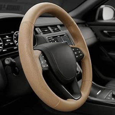 AUTO FAMILY Auto Family Sport Grip Steering Wheel Cover 15 Inch (37&ndash;38cm) &ndash; Textured PU Leather, Sweat-Resistant, All-Season Comfort, Universal Fit Car Interior Accessory (Beige)