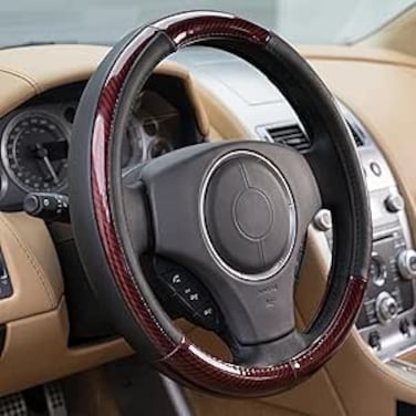 AUTO FAMILY Luxury Wood Grain &amp; Leather Steering Wheel Cover 15 Inch (37&ndash;38 cm) &ndash; Universal Fit, Anti-Slip Grip, Heat Resistant, Premium PU Leather, Stylish Car Interior Accessory (Black-Brown)