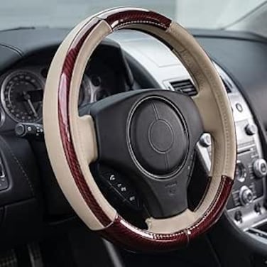AUTO FAMILY Luxury Wood Grain &amp; Leather Steering Wheel Cover 15 Inch (37&ndash;38 cm) &ndash; Universal Fit, Anti-Slip Grip, Heat Resistant, Premium PU Leather, Stylish Car Interior Accessory (Brown-Beige)