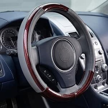 AUTO FAMILY Luxury Wood Grain &amp; Leather Steering Wheel Cover 15 Inch (37&ndash;38 cm) &ndash; Universal Fit, Anti-Slip Grip, Heat Resistant, Premium PU Leather, Stylish Car Interior Accessory (Brown-Grey)