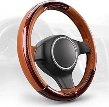 AUTO FAMILY Luxury Wood Grain &amp; Leather Steering Wheel Cover 15 Inch (37&ndash;38 cm) &ndash; Universal Fit, Anti-Slip Grip, Heat Resistant, Premium PU Leather, Stylish Car Interior Accessory (Brown)
