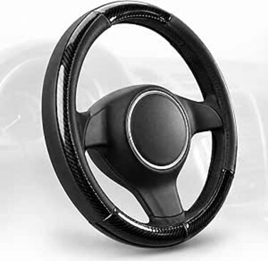 AUTO FAMILY Luxury Wood Grain &amp; Leather Steering Wheel Cover 15 Inch (37&ndash;38 cm) &ndash; Universal Fit, Anti-Slip Grip, Heat Resistant, Premium PU Leather, Stylish Car Interior Accessory (Black)