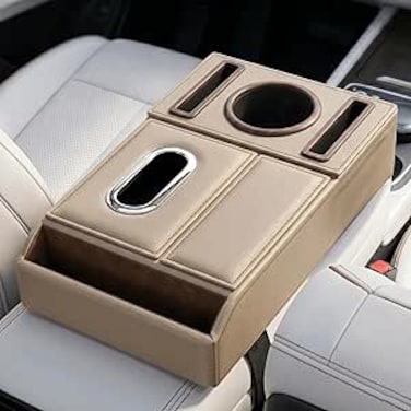 AUTO FAMILY Car Armrest Box Storage Booster Pad &ndash; Multifunctional Console Organizer with Cup Holder, Tissue Box &amp; Phone Slot   Height Increase   Extra Storage   Universal Fit (Beige)