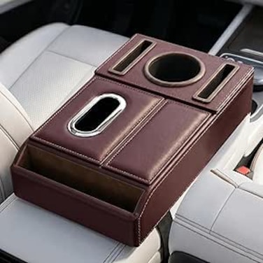AUTO FAMILY Car Armrest Box Storage Booster Pad &ndash; Multifunctional Console Organizer with Cup Holder, Tissue Box &amp; Phone Slot   Height Increase   Extra Storage   Universal Fit (Meroon)