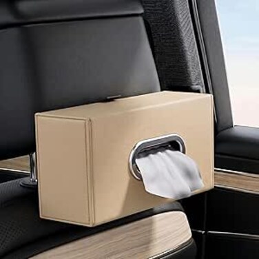 Auto Family Car Tissue Box Holder PU Leather with Strap Buckle &ndash; Car Napkin Holder, Universal Auto Interior Accessories, Travel Storage Box, Headrest Mount Tissue Case (Beige)