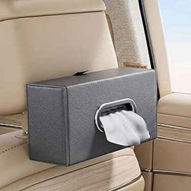 Auto Family Car Tissue Box Holder PU Leather with Strap Buckle &ndash; Car Napkin Holder, Universal Auto Interior Accessories, Travel Storage Box, Headrest Mount Tissue Case (Grey)