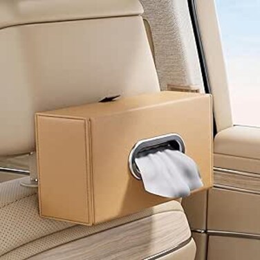 Auto Family Car Tissue Box Holder PU Leather with Strap Buckle &ndash; Car Napkin Holder, Universal Auto Interior Accessories, Travel Storage Box, Headrest Mount Tissue Case (Brown)