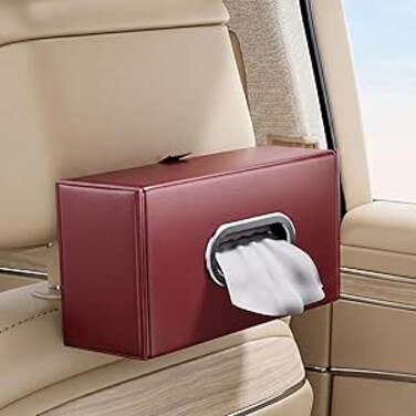 Auto Family Car Tissue Box Holder PU Leather with Strap Buckle &ndash; Car Napkin Holder, Universal Auto Interior Accessories, Travel Storage Box, Headrest Mount Tissue Case (Red)