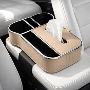 AUTO FAMILY Car Armrest Box Storage Booster Pad &ndash; Multifunctional Console Organizer with Cup Holder, Tissue Box &amp; Phone Slot   Height Increase   Extra Storage   Universal Fit (Beige1)