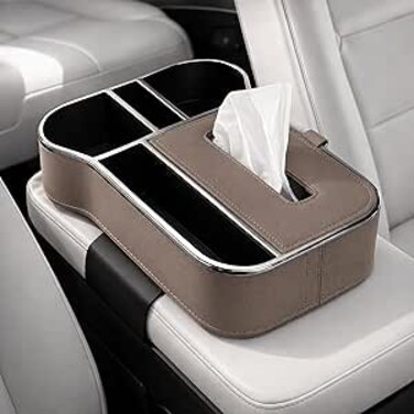 AUTO FAMILY Car Armrest Box Storage Booster Pad &ndash; Multifunctional Console Organizer with Cup Holder, Tissue Box &amp; Phone Slot   Height Increase   Extra Storage   Universal Fit (Fog Brown)