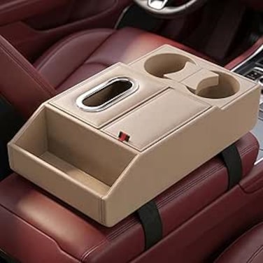 AUTO FAMILY Car Center Console Organizer with Cup Holder &ndash; Multifunction Armrest Storage Box, Back Seat Organizer Tray, Tissue Holder, Phone &amp; Drink Holder, Car Interior Accessories (Beige)