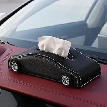 AUTO FAMILY Car-Shaped Tissue Box Holder, PU Leather Tissue Case with Anti-Slip Base, Auto Interior Organizer Napkin Holder, Luxury Car Accessories for Dashboard (Black)