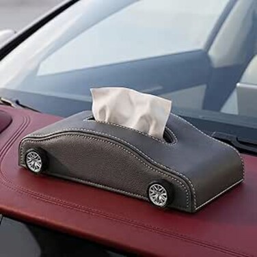 AUTO FAMILY Car-Shaped Tissue Box Holder, PU Leather Tissue Case with Anti-Slip Base, Auto Interior Organizer Napkin Holder, Luxury Car Accessories for Dashboard (Grey)
