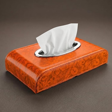 AUTO FAMILY PU Leather Tissue Box Holder with Wood Grain Texture, Luxury Auto Interior Organizer, Rectangular Napkin Dispenser with Anti-Slip Base for Dashboard, Office &amp; Home (Orange)