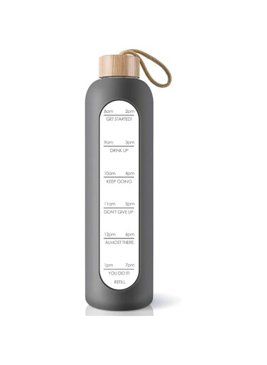 Silk Route ARB-00026 Glass Water Bottle with Bamboo Lid, 32 oz Capacity, Grey