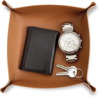 LEART Valet Tray - Small &amp; Compact Catchall Tray   Desk, Bedside, Home Entrance Entryway Organizer   Valet Tray for Keys, Coins, Stationary, Jewellery (Caramel)

