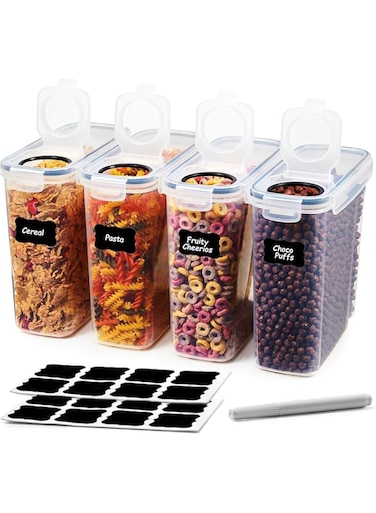 Valuxe Cereal &amp; Dry Food Storage Containers, Airtight Plastic Kitchen Storage Organizer, Set of 4 [2.5L / 85.4oz] for Sugar, Flour, Snack, Baking Supplies, BPA Free Stackable Boxes with Locking Lids