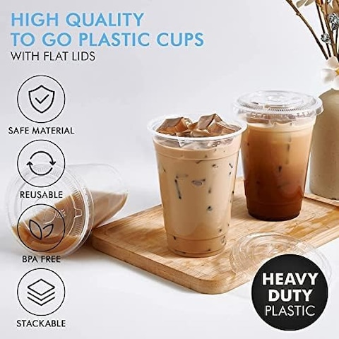 Vsell24&trade; 250PC Disposable Drinking Plastic Cup 24oz For Smoothie Coffee Water Juice Cups With Flat Lid Clear&hellip;