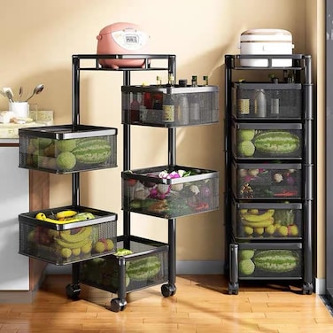 Vsell24, 5-Tier Metal Kitchen Rolling Storage Rack Organizer with Lockable Wheels, Square Design, Rotating Shelves, Black&hellip;
