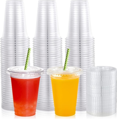 Vsell24&trade; 100PC Disposable Drinking Plastic Cup 18oz For Smoothie Coffee Water Juice Cups With Flat Lid Clear&hellip;
