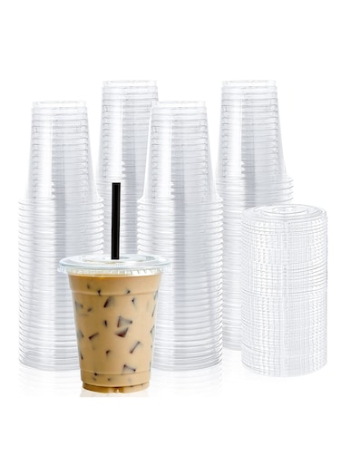 12oz Disposable Drinking Plastic Cups With Flat Lid Clear For Home And Office ( 50 Pieces )