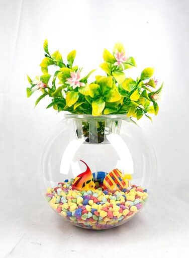 Glass Aquarium Bowl 4.5-Inch with Integrated Decorative Plant Holder with Lid (Medium)