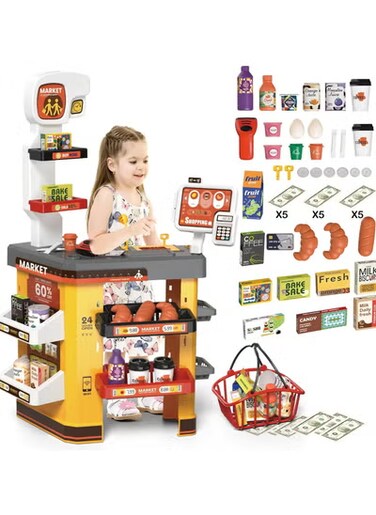 Supermarket Playset for Kids with Working Scanner Register Toy Pretend Play,Kids Grocery Store Playset 54PCS Play Food Accessories,Christams Birthday Gift