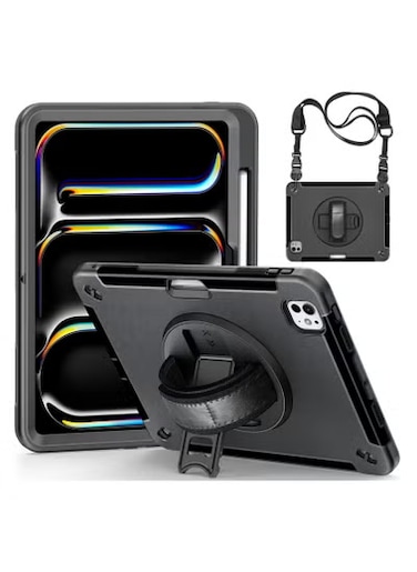 Case for 2024 iPad Pro 11-Inch M4 (2024, 5th Gen), 3 Layer Hybrid Shockproof Rugged Protective Case with 360&deg; Rotating Stand-Pencil Holder,Black