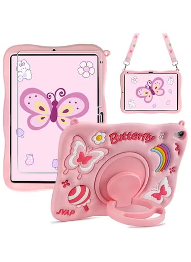 iPad 10th Generation Case Butterfly Pink iPad 10.9 inch Case with Screen Protector Shoulder Strap Kickstand Tablet Case with 360 Degree Bracket