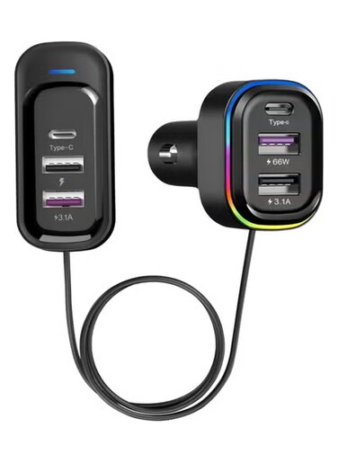 Car Charger with 6 Multi Ports USB Type C, 66W &amp; QC3.0 Fast Charging Adapter Auto Cigarette Lighter Plug, for iPhone Android