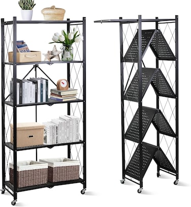 Foldable Storage Shelves 5 Tier, Storage Racks Kitchen Cabinet, Shelf Storage Multipurpose Rack for Living Room Bedroom Kitchen Garage Easy Assembly Black