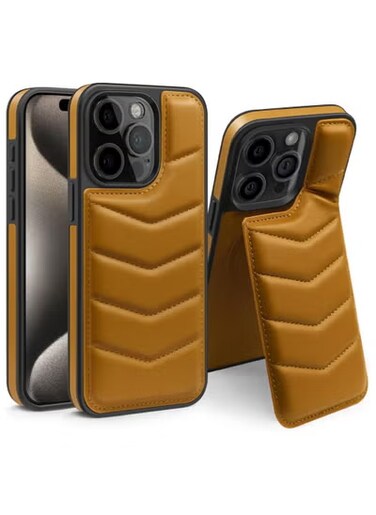 iPhone 15 Pro Leather Case, Puffer Adjustable Stand [Compatible with Magsafe] Soft Puffy Quilted Leather Full Body Shockproof Protective Phone Case for 15 Pro 6.1 inch (Brown)