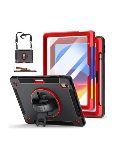 Military Grade Shockproof Rugged Case for iPad 10th Gen 10.9&#39;&#39; W/Screen Protector，Rotate Stand，Handle，Shoulder Strap，Pen Holder （Red）