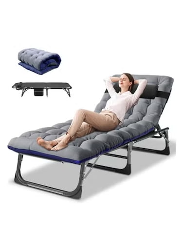 Folding Lounge Chair with Mattress, 4 Position Adjustable Folding Sleeping Bed Cot Chaise Lounge Chairs Perfect for Sunbathing, Camping, Pool, Beach, Patio
