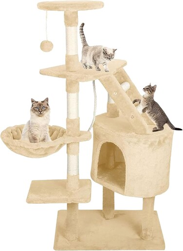 Star Cat Kitten Tree Activity Centre Climbing Tower 125cm Beige Stable with Sisal Scratching Post Condo Hammock Cat Scratcher play Toy, (MPJ-A)