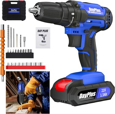 Cordless Drill Driver, 21V Power Drill Set with 26PCS Bits, Cordless screwdriver Power Tool with 1.5Ah Battery, LED Work Light for Home Improvement