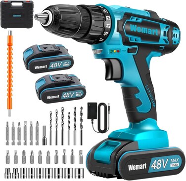 Cordless Drill Set, 48V Electric Drill with Drill/Screwdriver Bits, 2 Variable Speeds, 25+1 Torque Setting Battery Power Drilling Driver