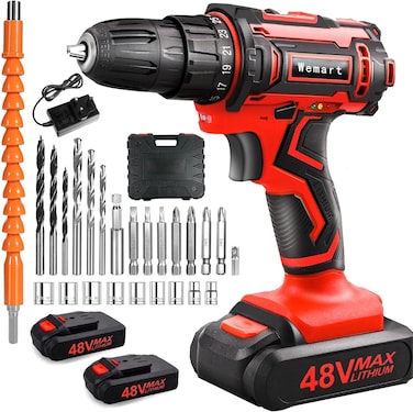 48V Cordless Drill Set, Electric Drill, Max 40 N/m, 25 + 1 Stage Torque Adjustment, Forward and Reverse Switching, LED Light, 2 Batteries Included (red)