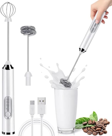 Rechargeable Milk Frother - Electric Coffee Frother Wand, Handheld Foam Maker with 2 Stainless Whisks 3 Adjustable Speeds, Mini Foamer for Cappuccino Coffee